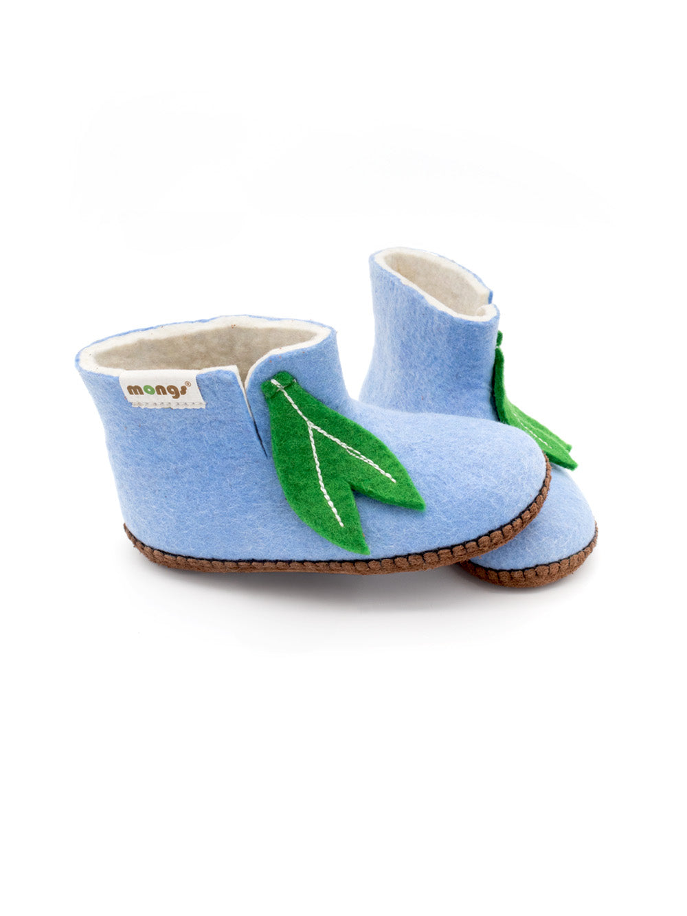 Mini mongs Uni hellblau mit Blatt - Kinderhausschuhe/Kinderpantoffel