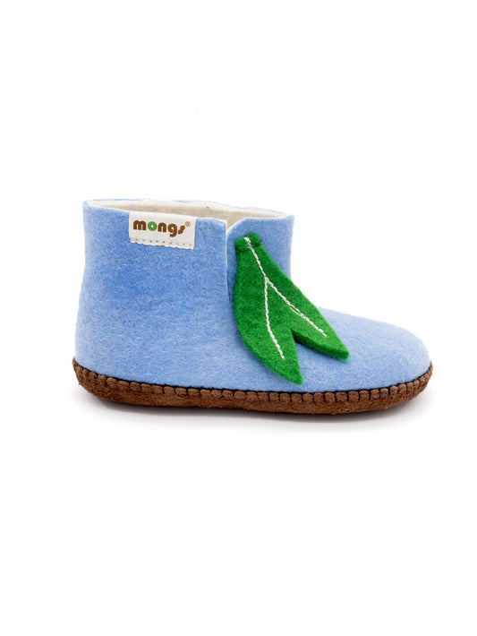 Mini mongs Uni hellblau mit Blatt - Kinderhausschuhe/Kinderpantoffel