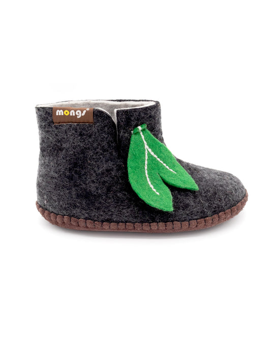 Mini mongs Uni schwarz mit Blatt - Kinderhausschuhe/Kinderpantoffel