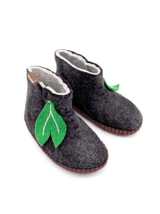 Mini mongs Uni schwarz mit Blatt - Kinderhausschuhe/Kinderpantoffel
